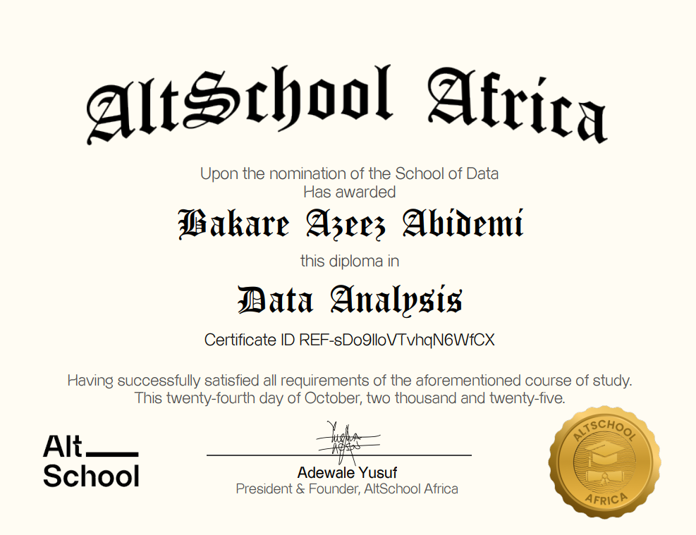 AltSchool Data Analytics Certificate